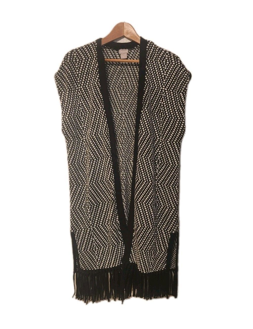 CHICO’S Cardigan Sweater Vest Women Size 1 Black Long Open Duster With Fringe